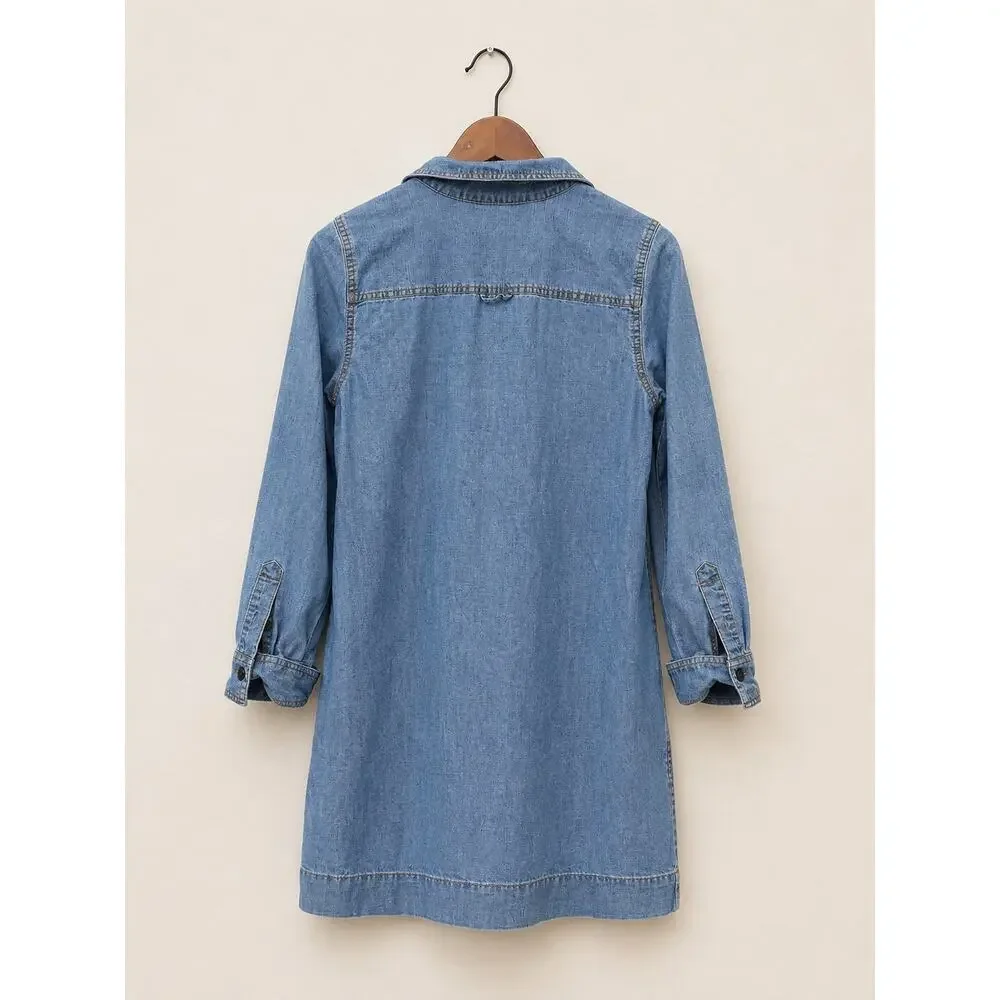 J.Crew Chambray Denim Shirt Dress Size S Roll Tab Long Sleeve Utility Staple